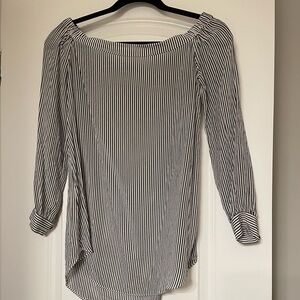 CAbi Navy and White Striped silk Top